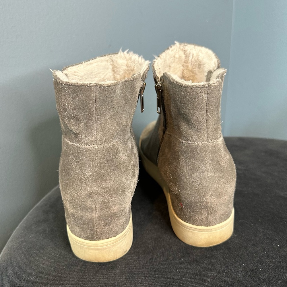 Steve Madden Women's Wanda Faux Fur Wedge Sneaker in Taupe Suede - Picture 5 of 9
